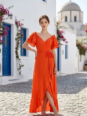 l*space Vibrant Orange Wrap Maxi Dress with Ruffle Sleeves